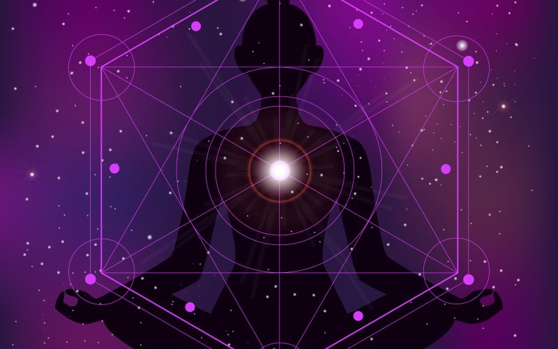 Sacred geometry zen background with meditating woman silhouette flat vector illustration